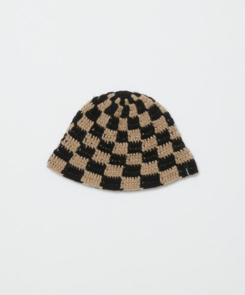 BAL-A-648 CHECKERED HAND KNIT BUCKET HAT BROWN