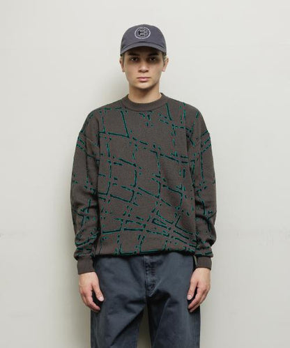 -2141 NET JACQUARD COTTON CREWNECK SWEATER FOREST